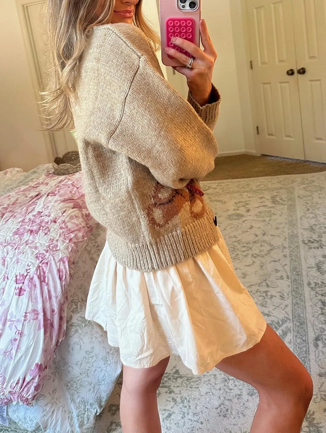 Y2k Knit Cardigans for Women Cute Bear Bow Long Sleeve Crewneck Sweater Button Down Casual Fall Tops Knitwear