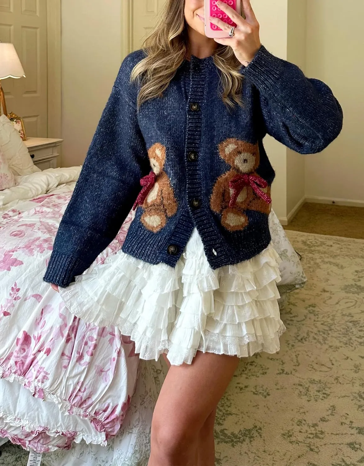 Y2k Knit Cardigans for Women Cute Bear Bow Long Sleeve Crewneck Sweater Button Down Casual Fall Tops Knitwear