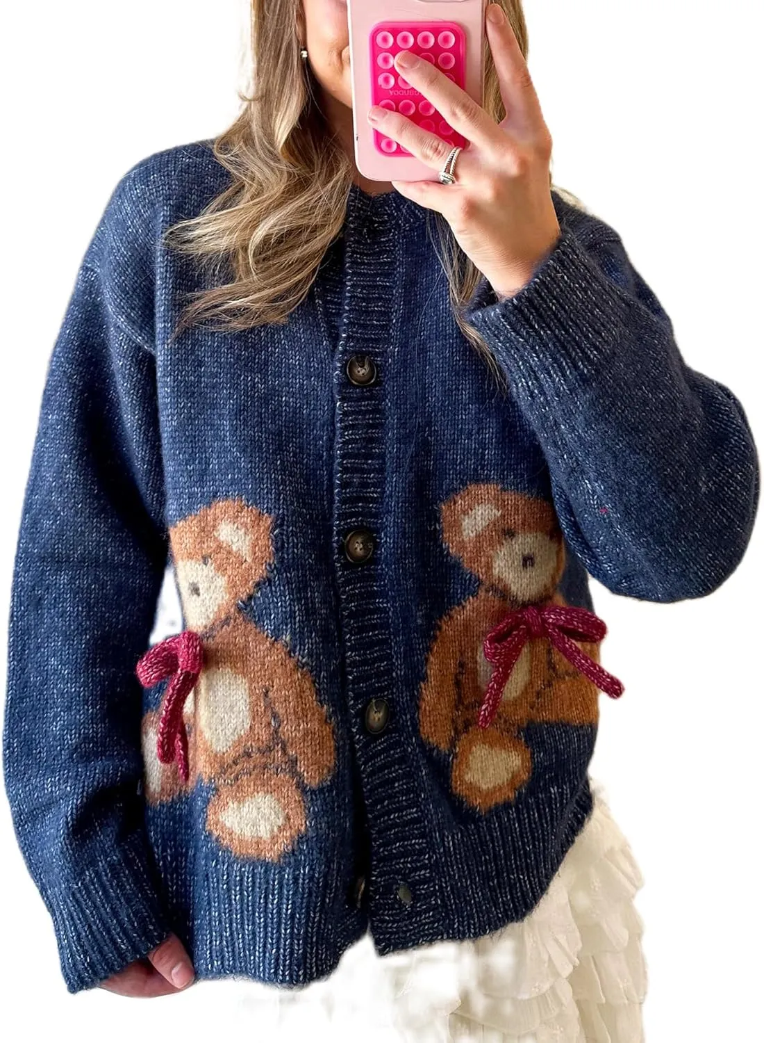 Y2k Knit Cardigans for Women Cute Bear Bow Long Sleeve Crewneck Sweater Button Down Casual Fall Tops Knitwear