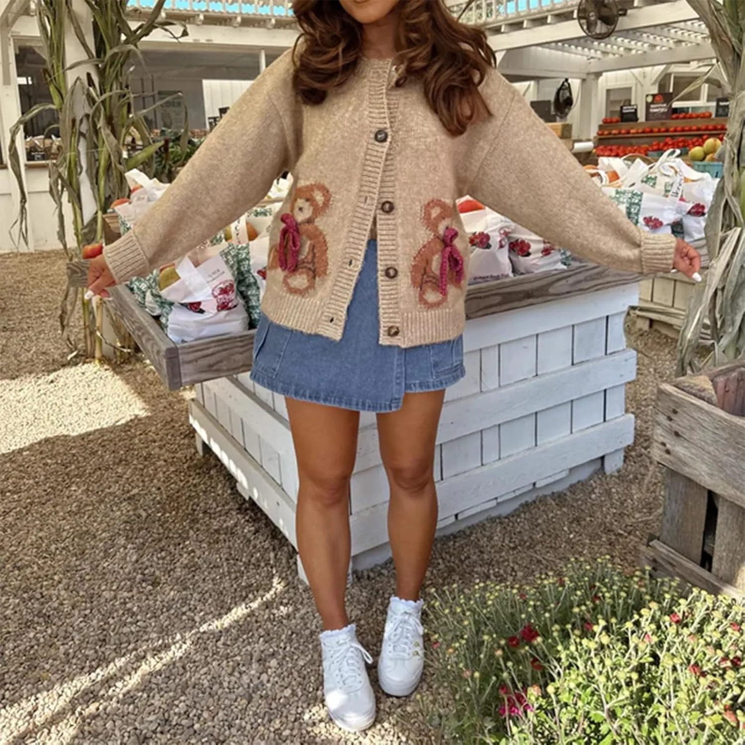 Y2k Knit Cardigans for Women Cute Bear Bow Long Sleeve Crewneck Sweater Button Down Casual Fall Tops Knitwear