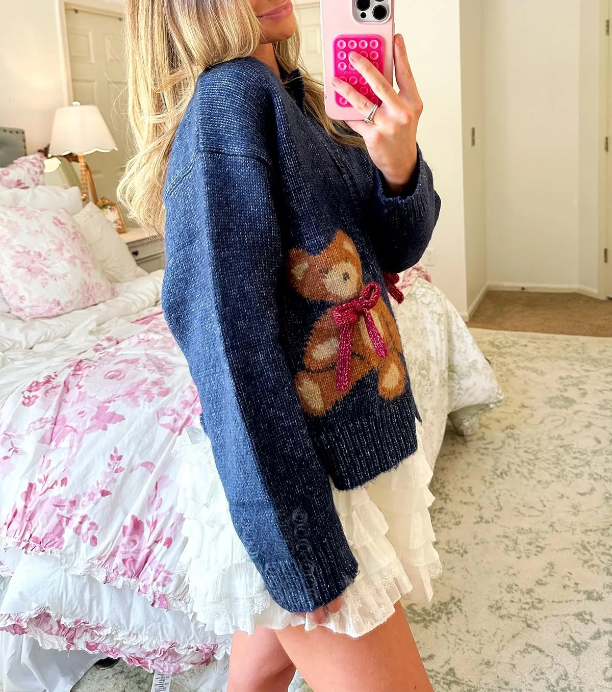 Y2k Knit Cardigans for Women Cute Bear Bow Long Sleeve Crewneck Sweater Button Down Casual Fall Tops Knitwear