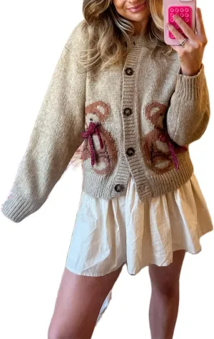 Y2k Knit Cardigans for Women Cute Bear Bow Long Sleeve Crewneck Sweater Button Down Casual Fall Tops Knitwear