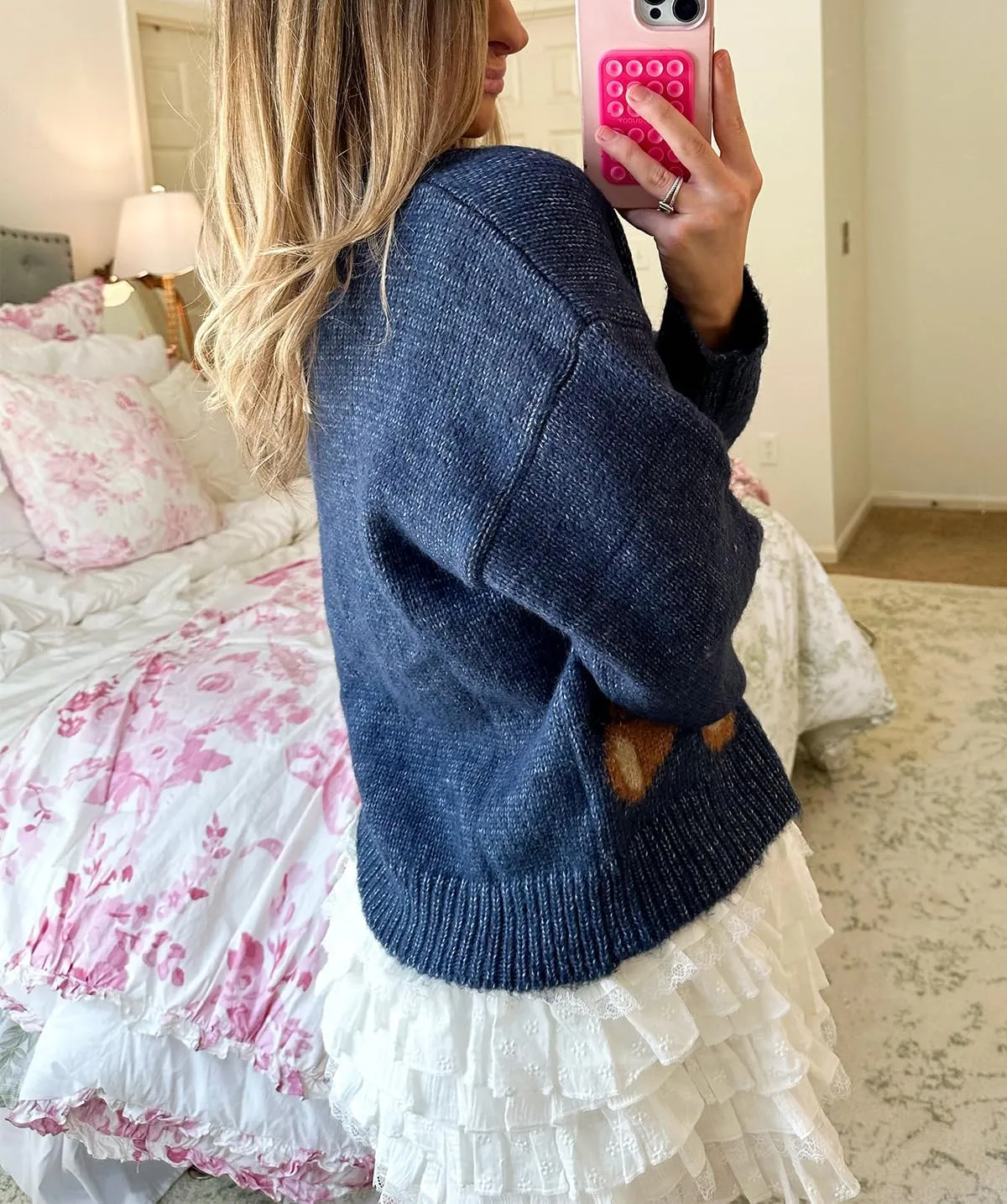 Y2k Knit Cardigans for Women Cute Bear Bow Long Sleeve Crewneck Sweater Button Down Casual Fall Tops Knitwear