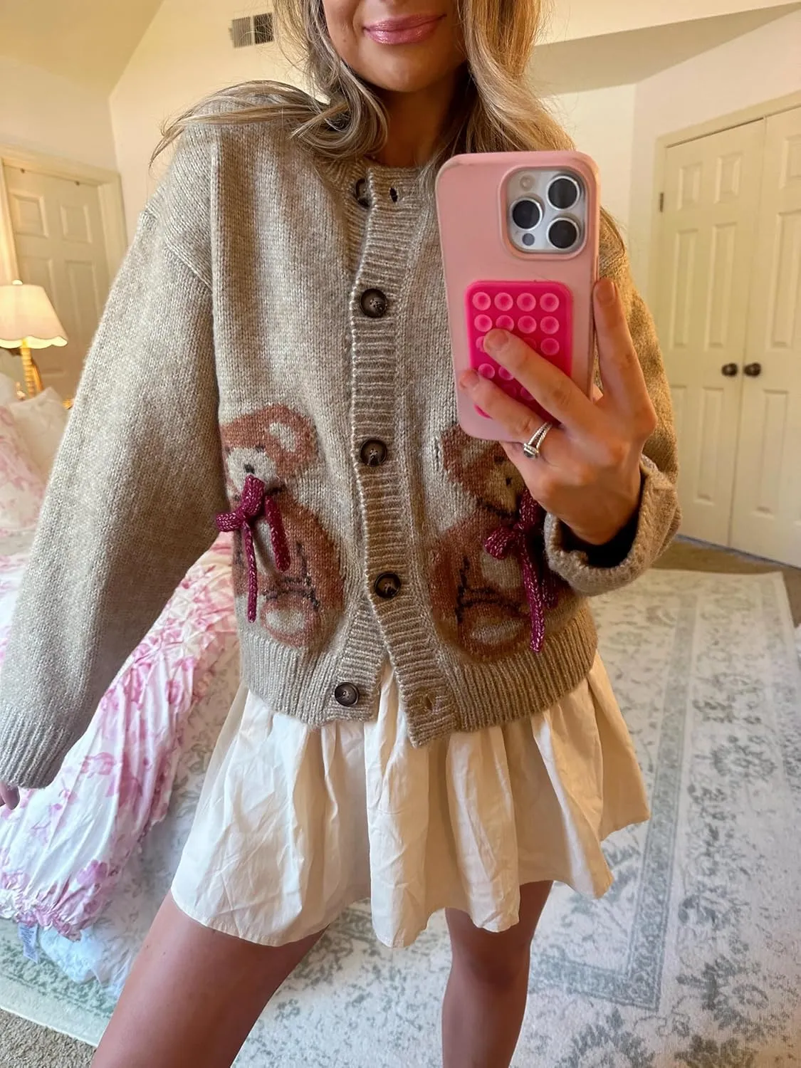 Y2k Knit Cardigans for Women Cute Bear Bow Long Sleeve Crewneck Sweater Button Down Casual Fall Tops Knitwear