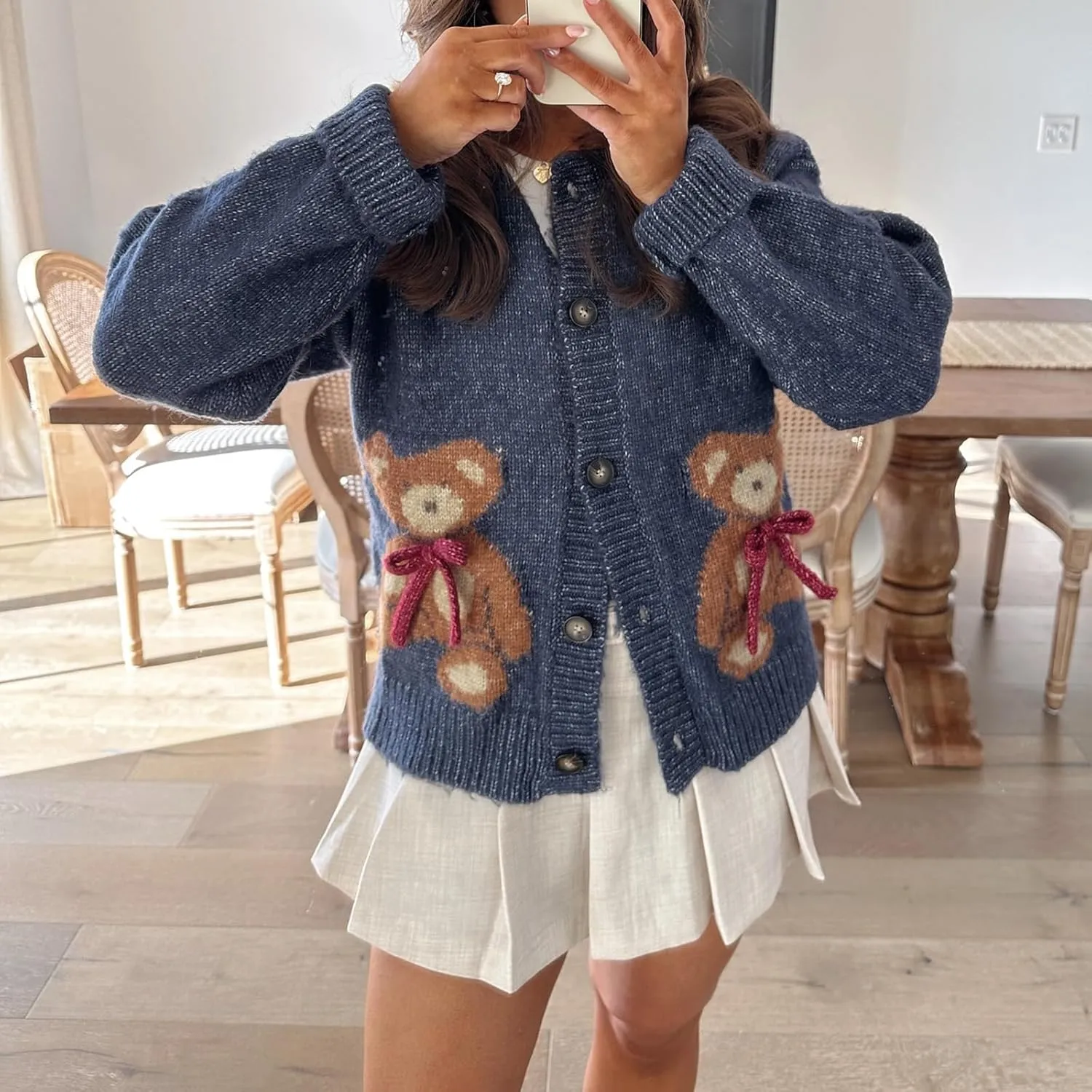 Y2k Knit Cardigans for Women Cute Bear Bow Long Sleeve Crewneck Sweater Button Down Casual Fall Tops Knitwear