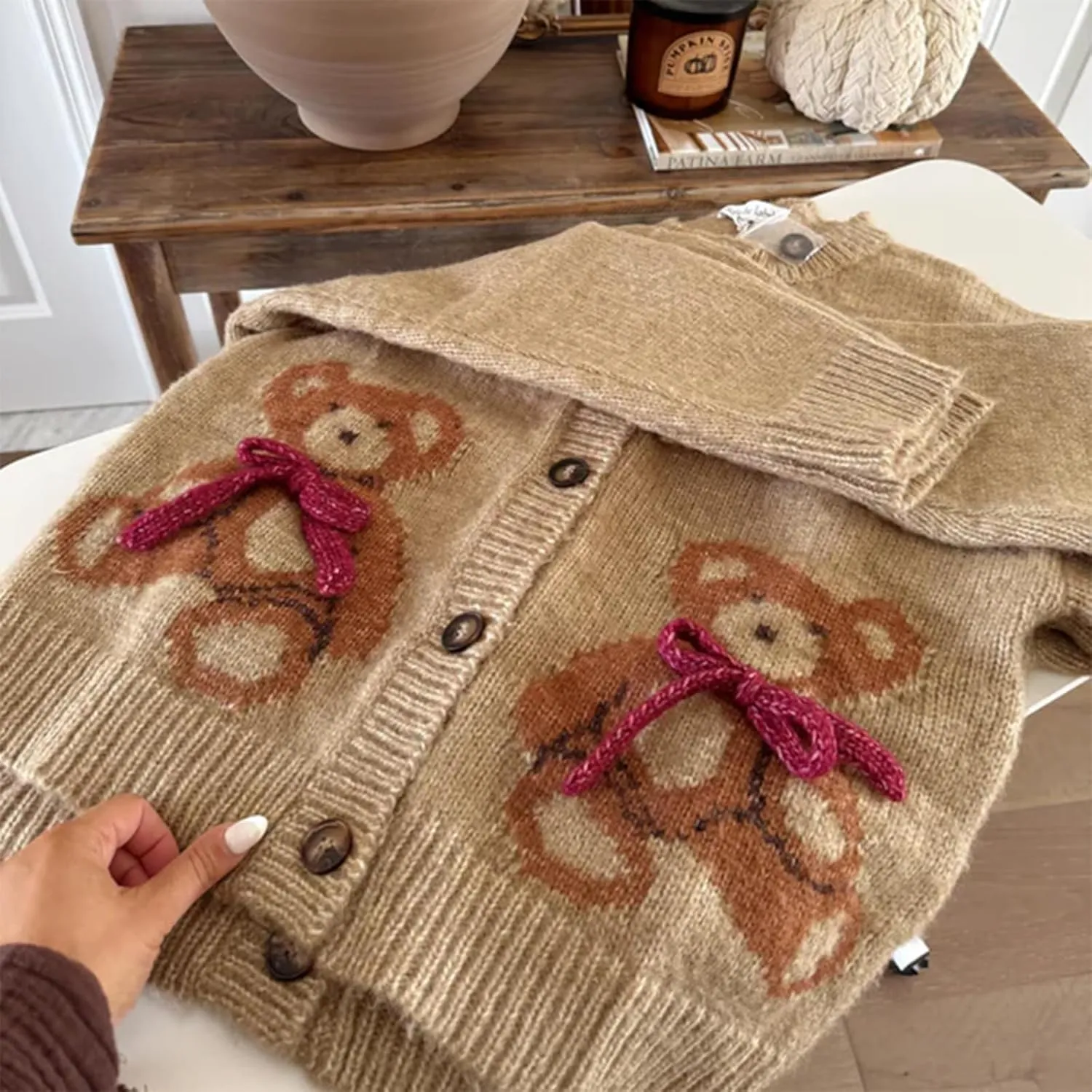 Y2k Knit Cardigans for Women Cute Bear Bow Long Sleeve Crewneck Sweater Button Down Casual Fall Tops Knitwear