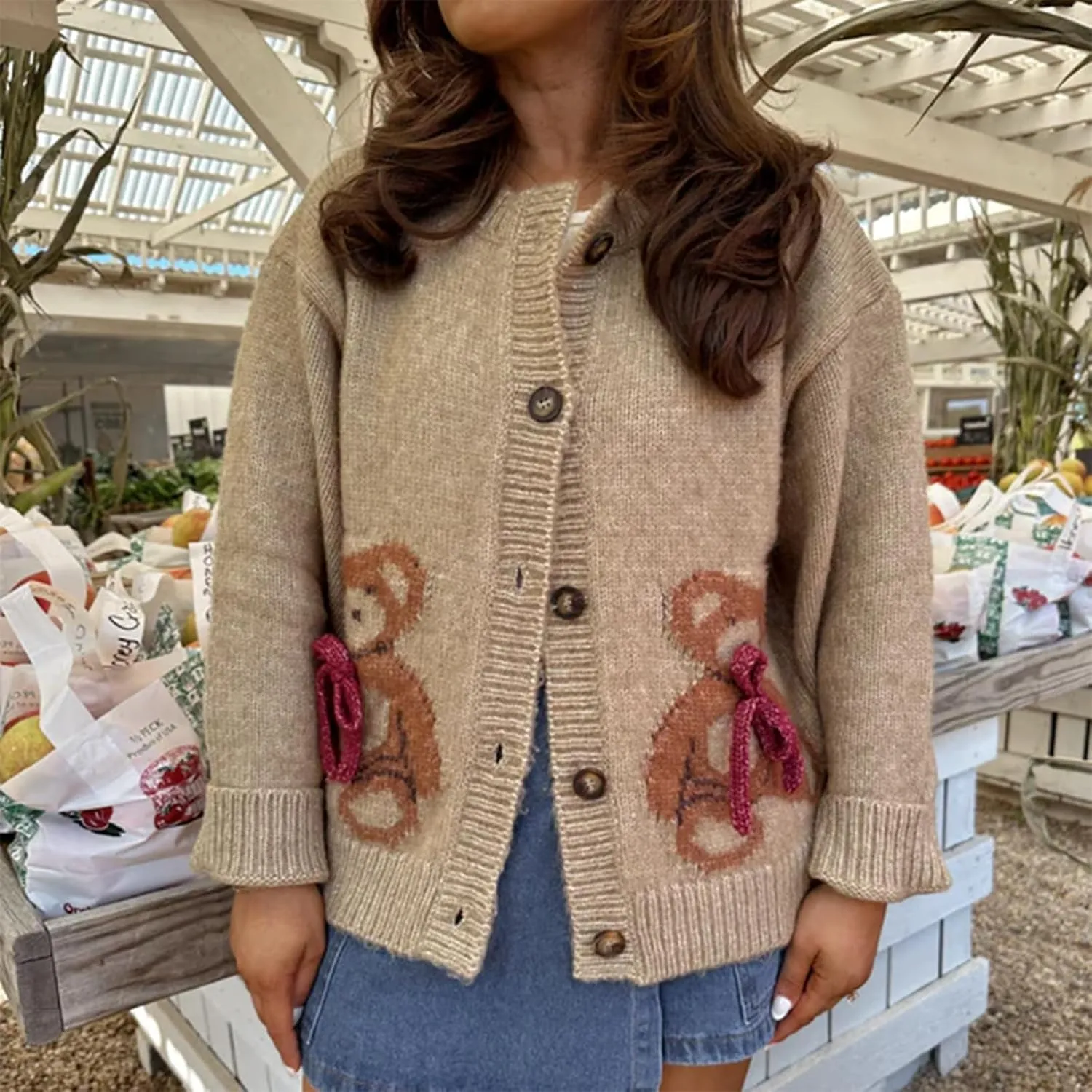 Y2k Knit Cardigans for Women Cute Bear Bow Long Sleeve Crewneck Sweater Button Down Casual Fall Tops Knitwear
