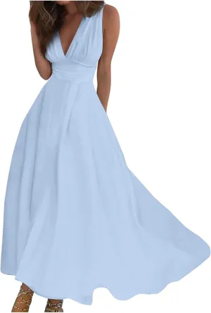 Yesunpxs Summer Dresses for Women 2024 Flowy Ruched Wrap V Neck Beach Dresses Sleeveless Printed Maxi Dress Boho Sundresses