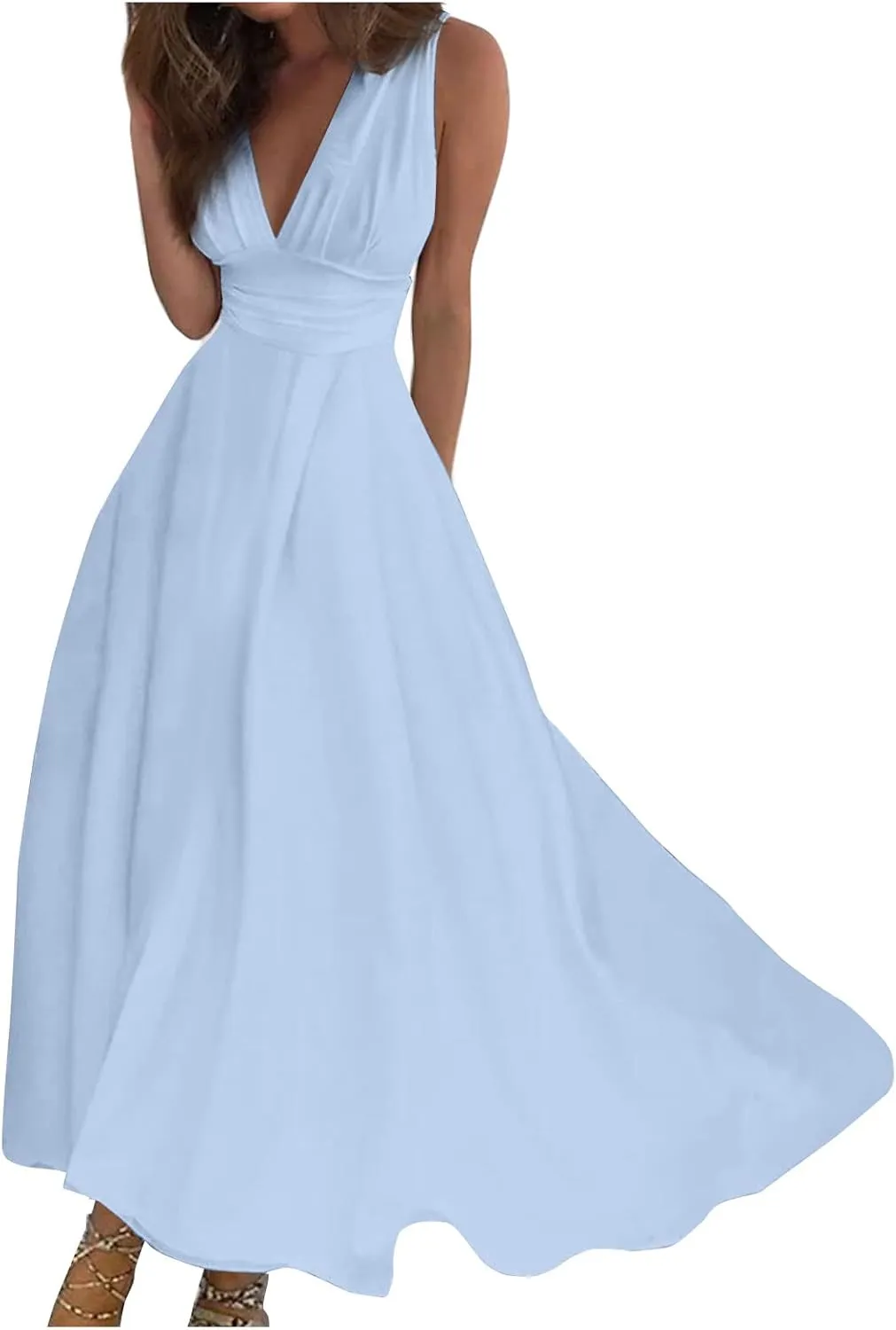 Yesunpxs Summer Dresses for Women 2024 Flowy Ruched Wrap V Neck Beach Dresses Sleeveless Printed Maxi Dress Boho Sundresses
