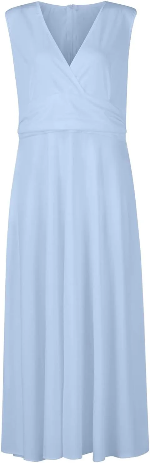 Yesunpxs Summer Dresses for Women 2024 Flowy Ruched Wrap V Neck Beach Dresses Sleeveless Printed Maxi Dress Boho Sundresses
