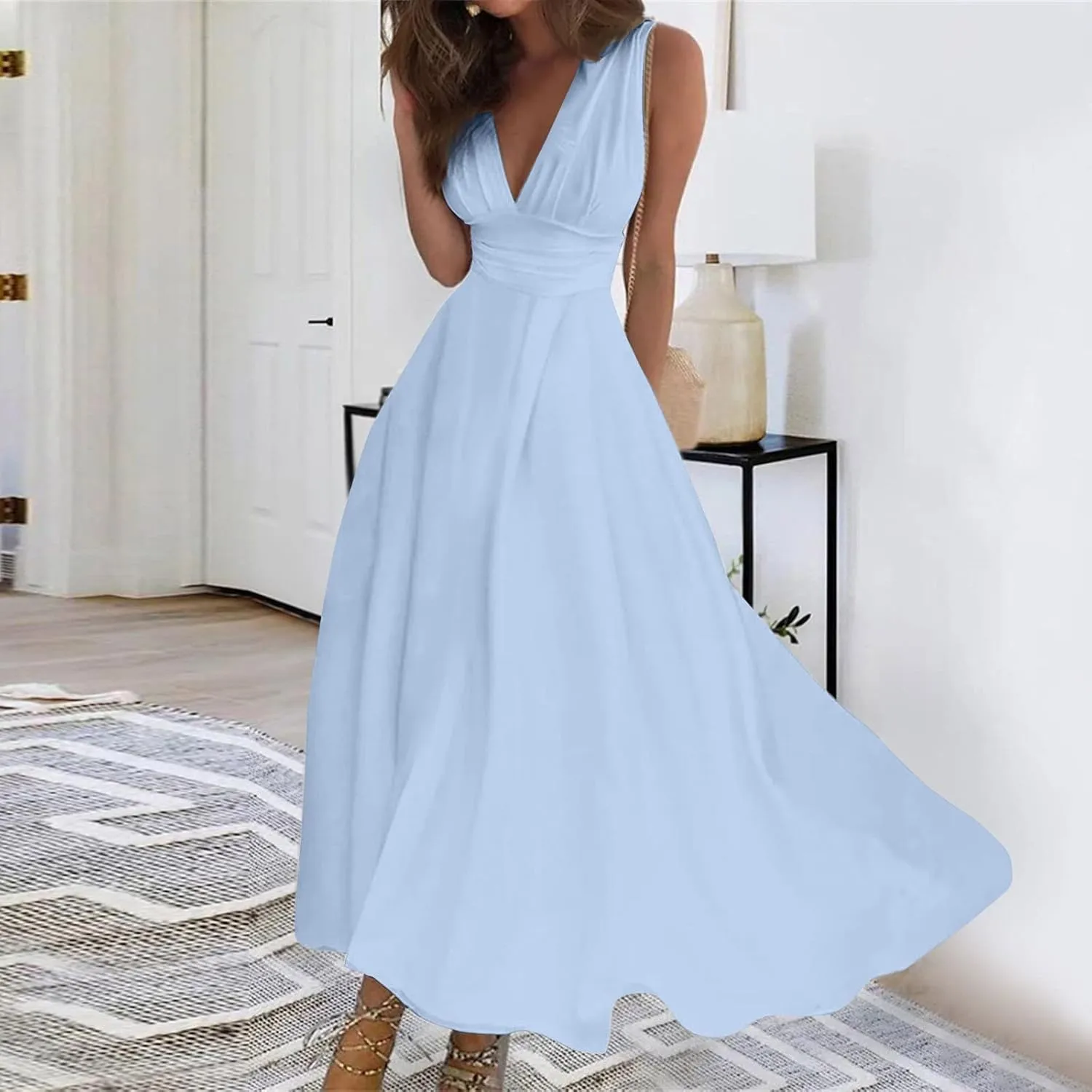 Yesunpxs Summer Dresses for Women 2024 Flowy Ruched Wrap V Neck Beach Dresses Sleeveless Printed Maxi Dress Boho Sundresses
