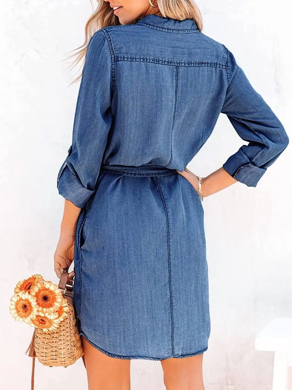 yoeasy Women's Casual Long Sleeve Denim Shirt Dress Retro Tie Waist Classic Button Down Pockets Jean Shirt Dress