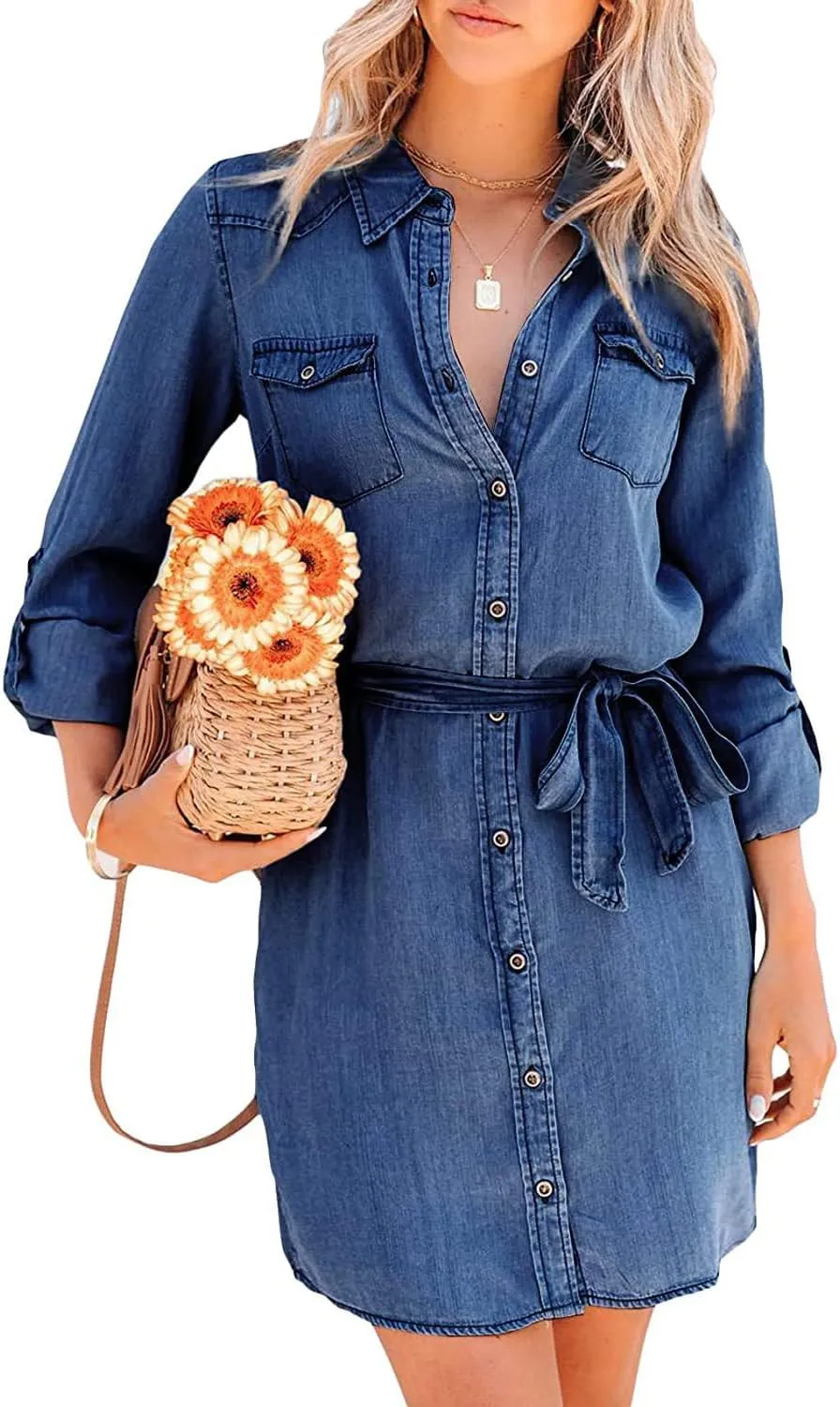 yoeasy Women's Casual Long Sleeve Denim Shirt Dress Retro Tie Waist Classic Button Down Pockets Jean Shirt Dress
