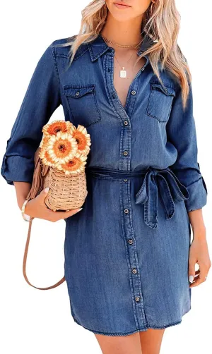 yoeasy Women's Casual Long Sleeve Denim Shirt Dress Retro Tie Waist Classic Button Down Pockets Jean Shirt Dress