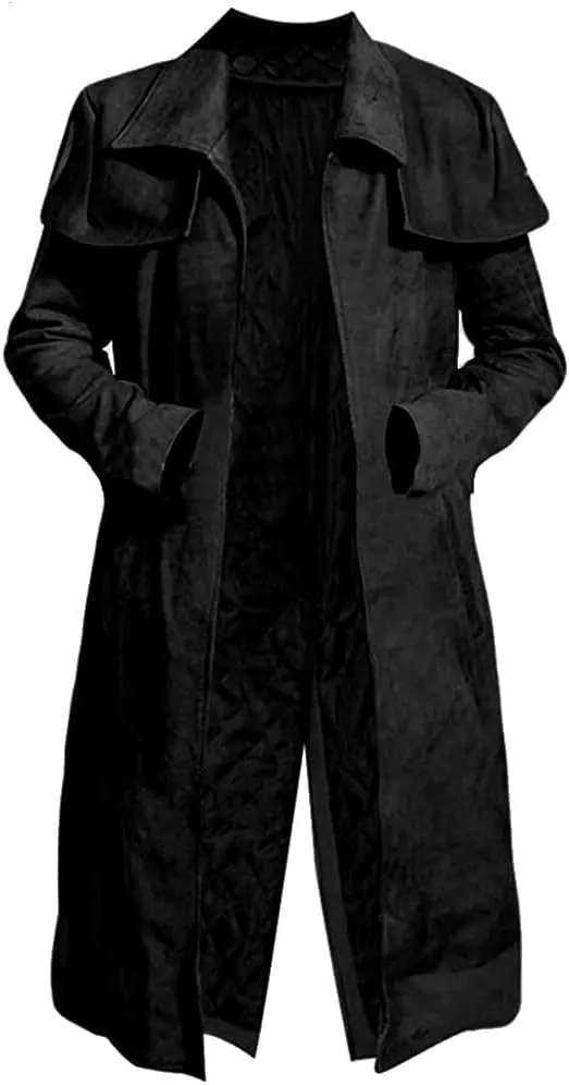 Yolo Jackets Mens Soft Suede Black Leather Long Duster Coat A-7 Veteran NCR Ranger Armor Cowboy Trench Coat Full Length