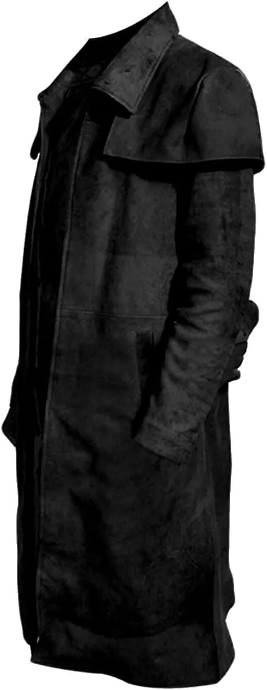 Yolo Jackets Mens Soft Suede Black Leather Long Duster Coat A-7 Veteran NCR Ranger Armor Cowboy Trench Coat Full Length