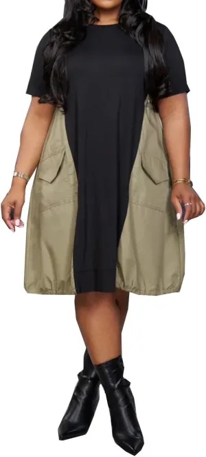 Yuopeid Women's Casual Loose Plus Size Dress Crew Neck Short Sleeve Fashion Color Block T Shirt Dresses with Pocket