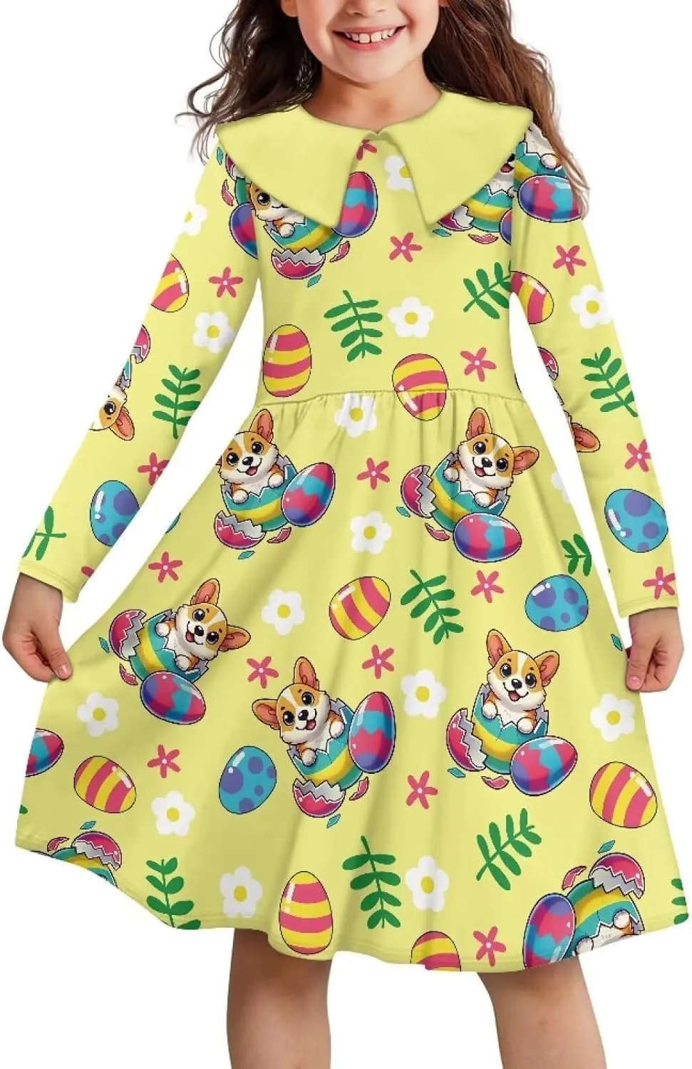 Yzaoxia Girls Easter Dresses Long Sleeve Short Dress A-Line Midi Sundress Collared Sundresses Swing 3-14Y