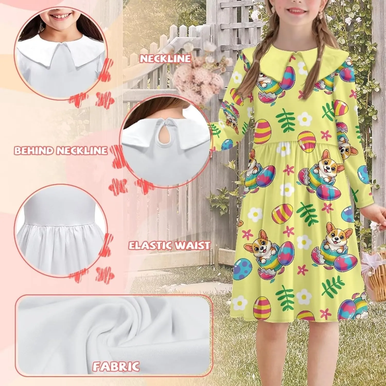 Yzaoxia Girls Easter Dresses Long Sleeve Short Dress A-Line Midi Sundress Collared Sundresses Swing 3-14Y