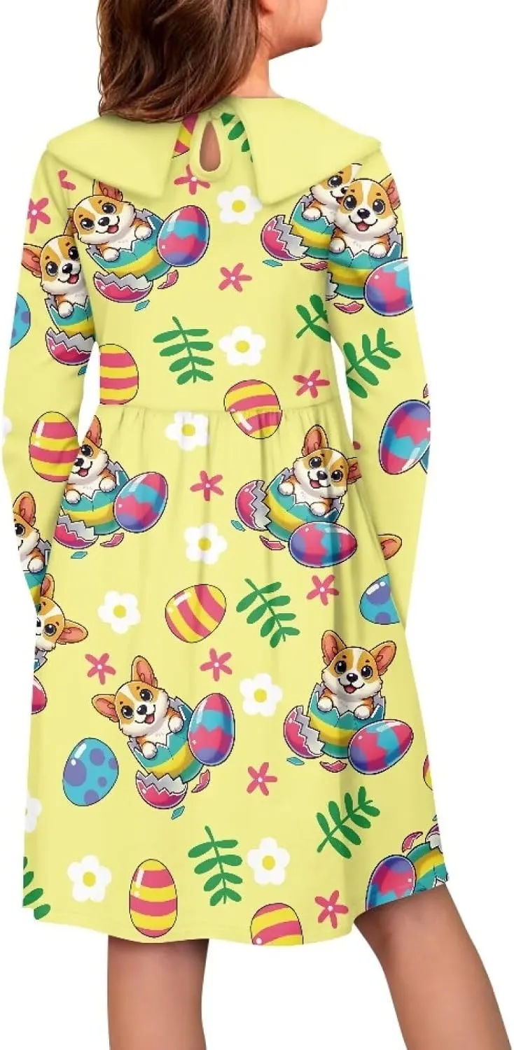 Yzaoxia Girls Easter Dresses Long Sleeve Short Dress A-Line Midi Sundress Collared Sundresses Swing 3-14Y