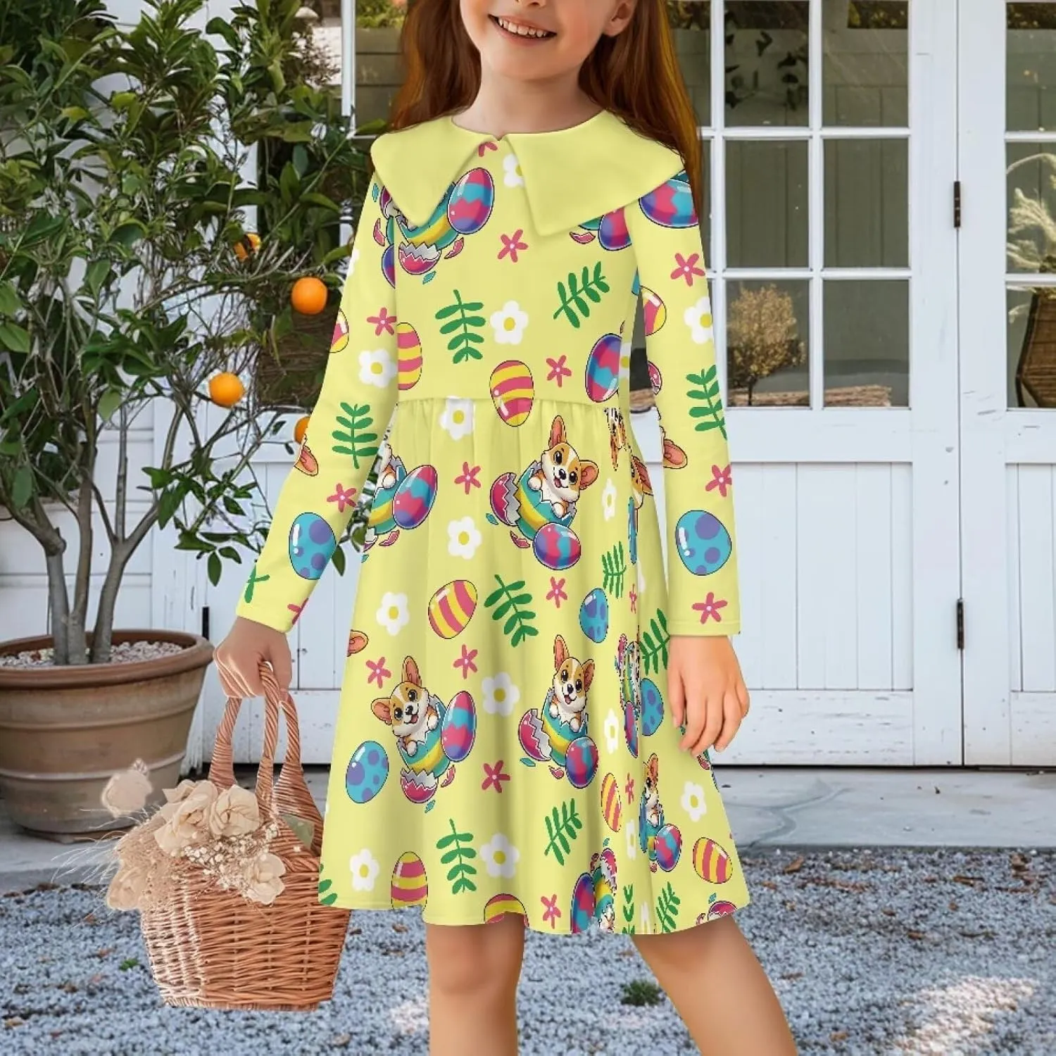 Yzaoxia Girls Easter Dresses Long Sleeve Short Dress A-Line Midi Sundress Collared Sundresses Swing 3-14Y
