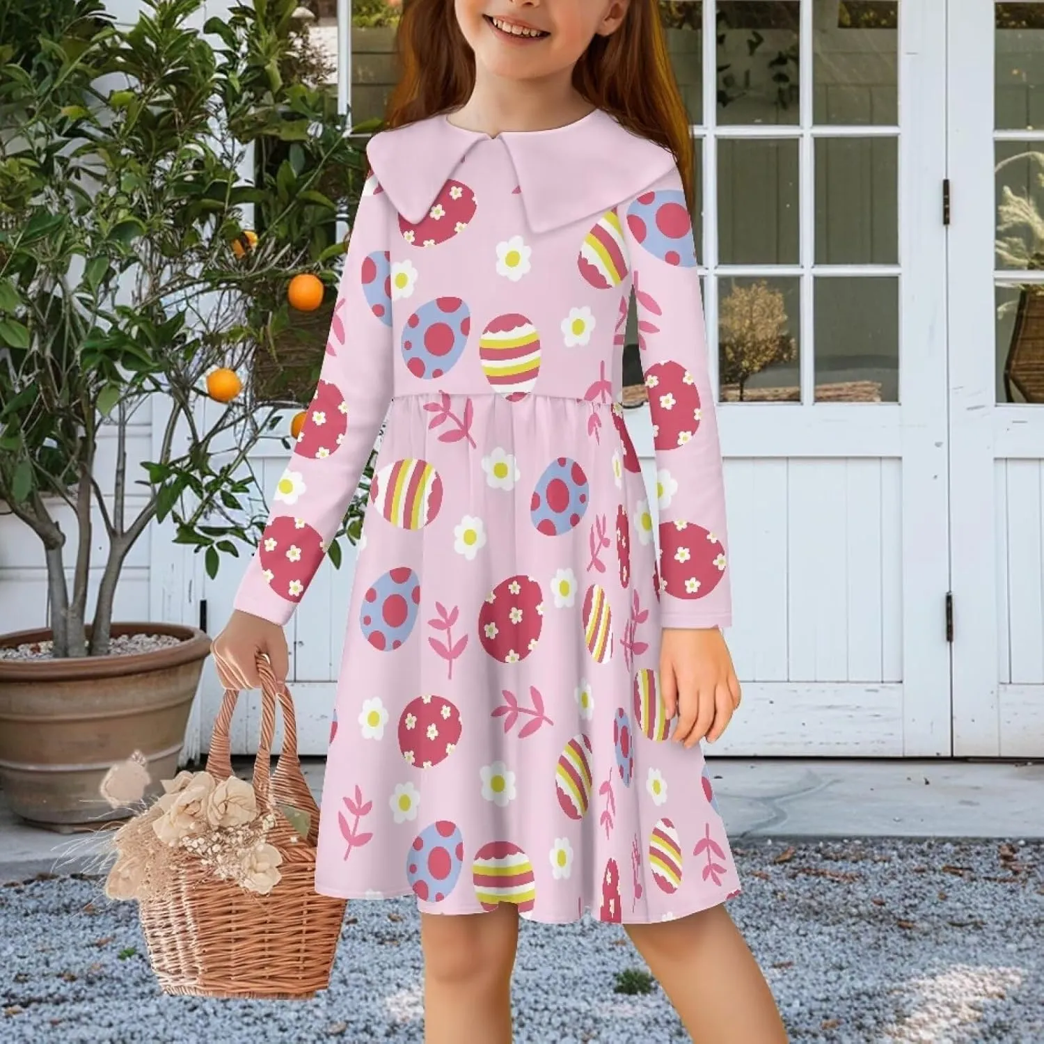 Yzaoxia Girls Easter Dresses Long Sleeve Short Dress A-Line Midi Sundress Collared Sundresses Swing 3-14Y