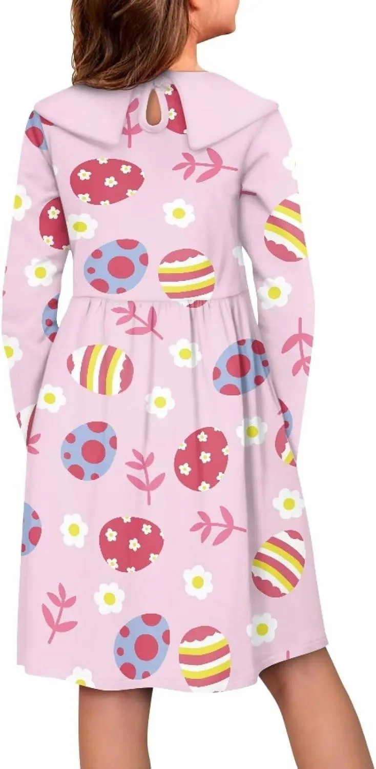Yzaoxia Girls Easter Dresses Long Sleeve Short Dress A-Line Midi Sundress Collared Sundresses Swing 3-14Y