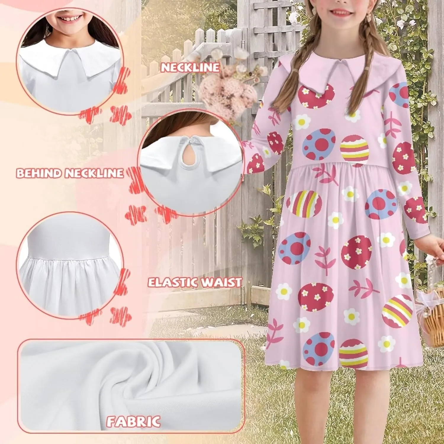 Yzaoxia Girls Easter Dresses Long Sleeve Short Dress A-Line Midi Sundress Collared Sundresses Swing 3-14Y