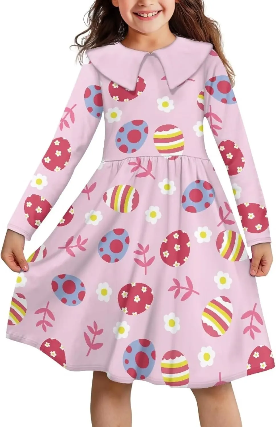 Yzaoxia Girls Easter Dresses Long Sleeve Short Dress A-Line Midi Sundress Collared Sundresses Swing 3-14Y