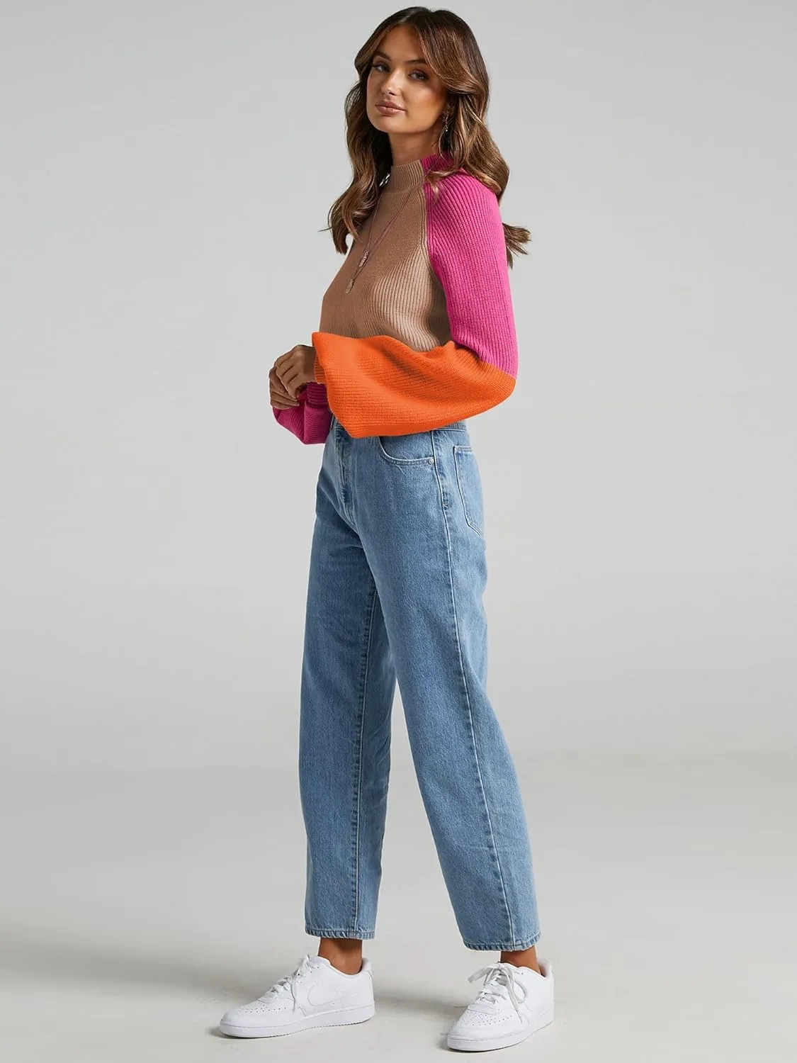 ZAFUL Women's Mock Neck Color Block Sweaters Knitted Pullover Jumper Tops Casual Lantern Sleeve Cropped Sweater