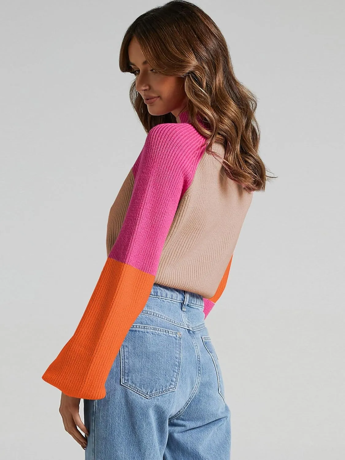 ZAFUL Women's Mock Neck Color Block Sweaters Knitted Pullover Jumper Tops Casual Lantern Sleeve Cropped Sweater