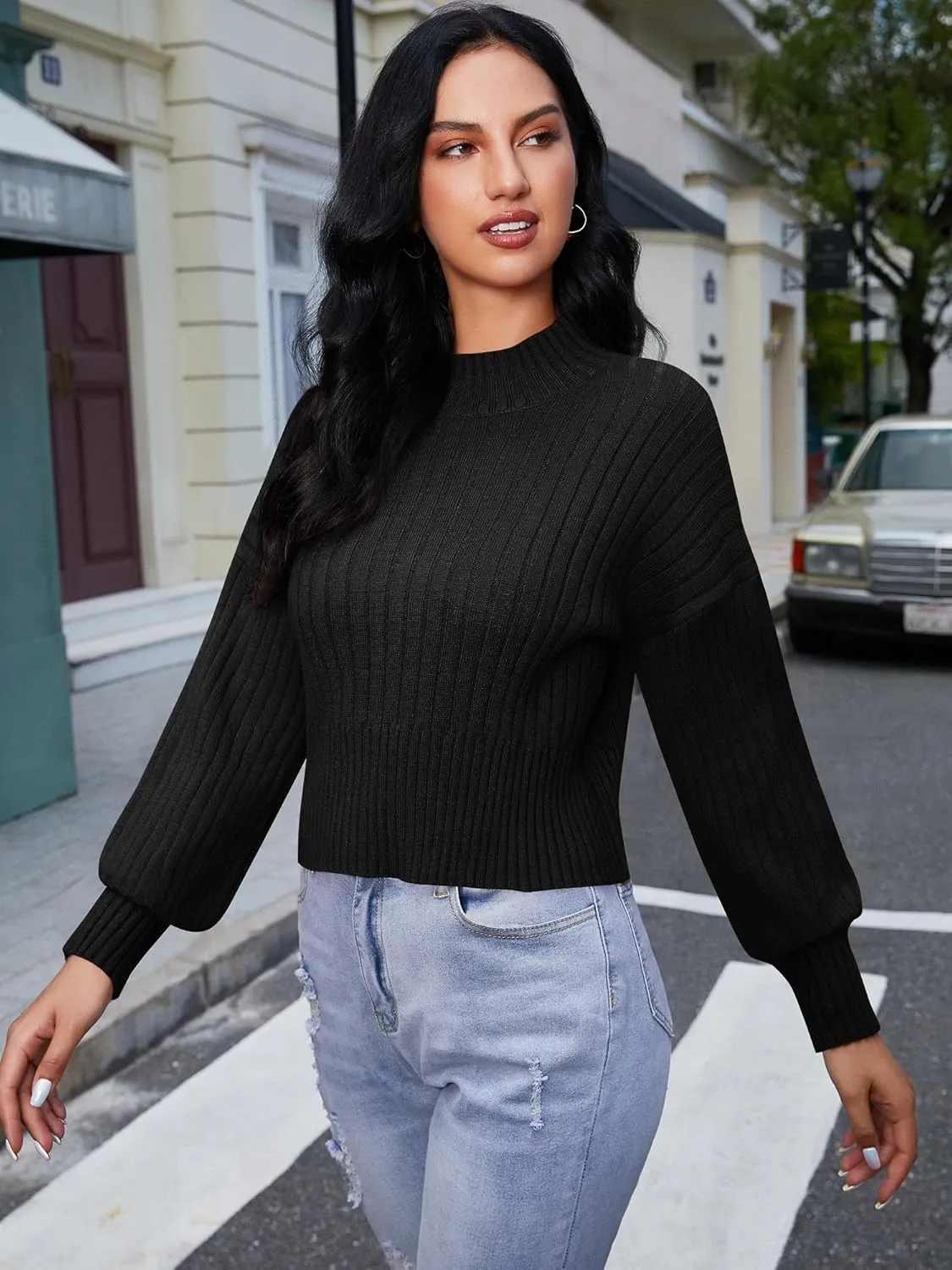 ZAFUL Women's Mock Neck Sweater Long Sleeve Ribbed Knit Basic Cropped Pullover Sweater
