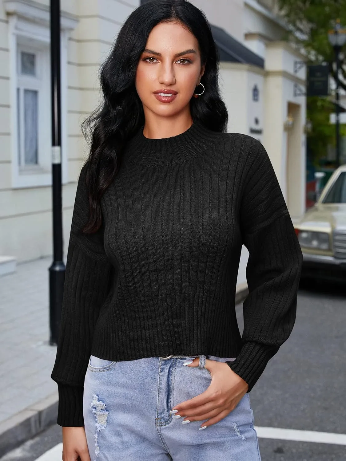 ZAFUL Women's Mock Neck Sweater Long Sleeve Ribbed Knit Basic Cropped Pullover Sweater