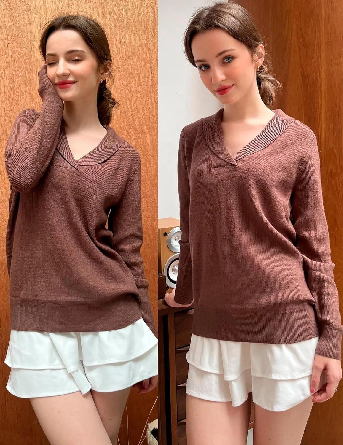Zeagoo Sweaters for Women Fashion 2024 Fall Long Sleeve Shirts V Neck Collared Knit Pullover Tops Outfits
