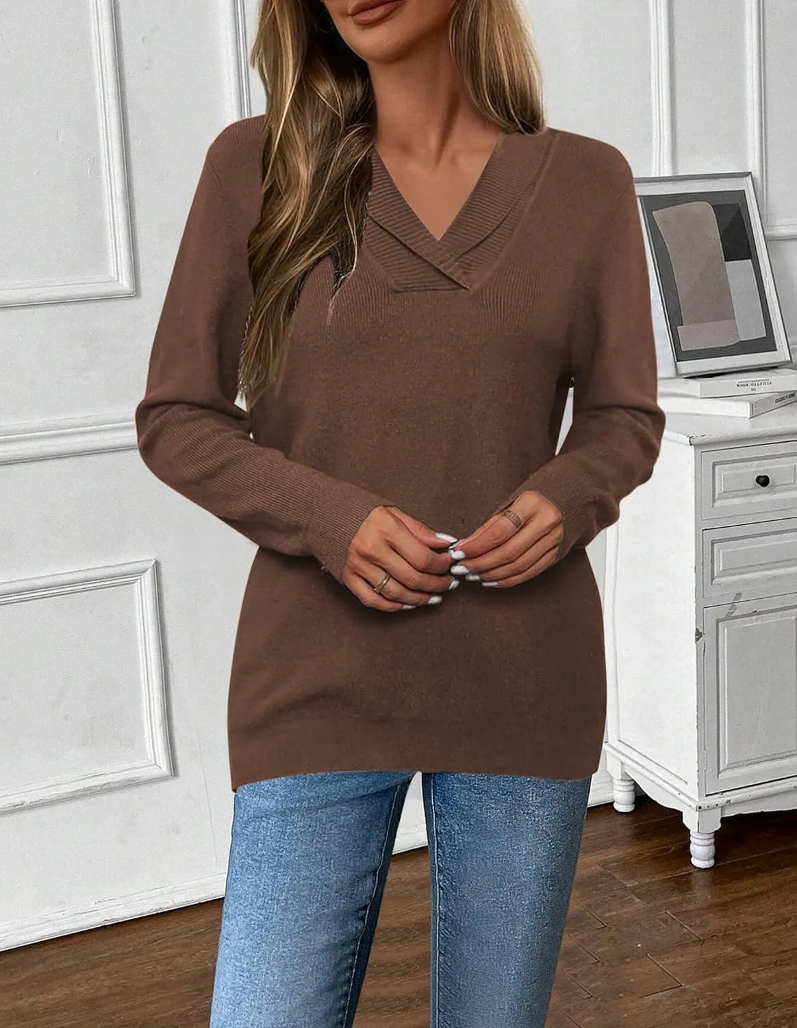 Zeagoo Sweaters for Women Fashion 2024 Fall Long Sleeve Shirts V Neck Collared Knit Pullover Tops Outfits