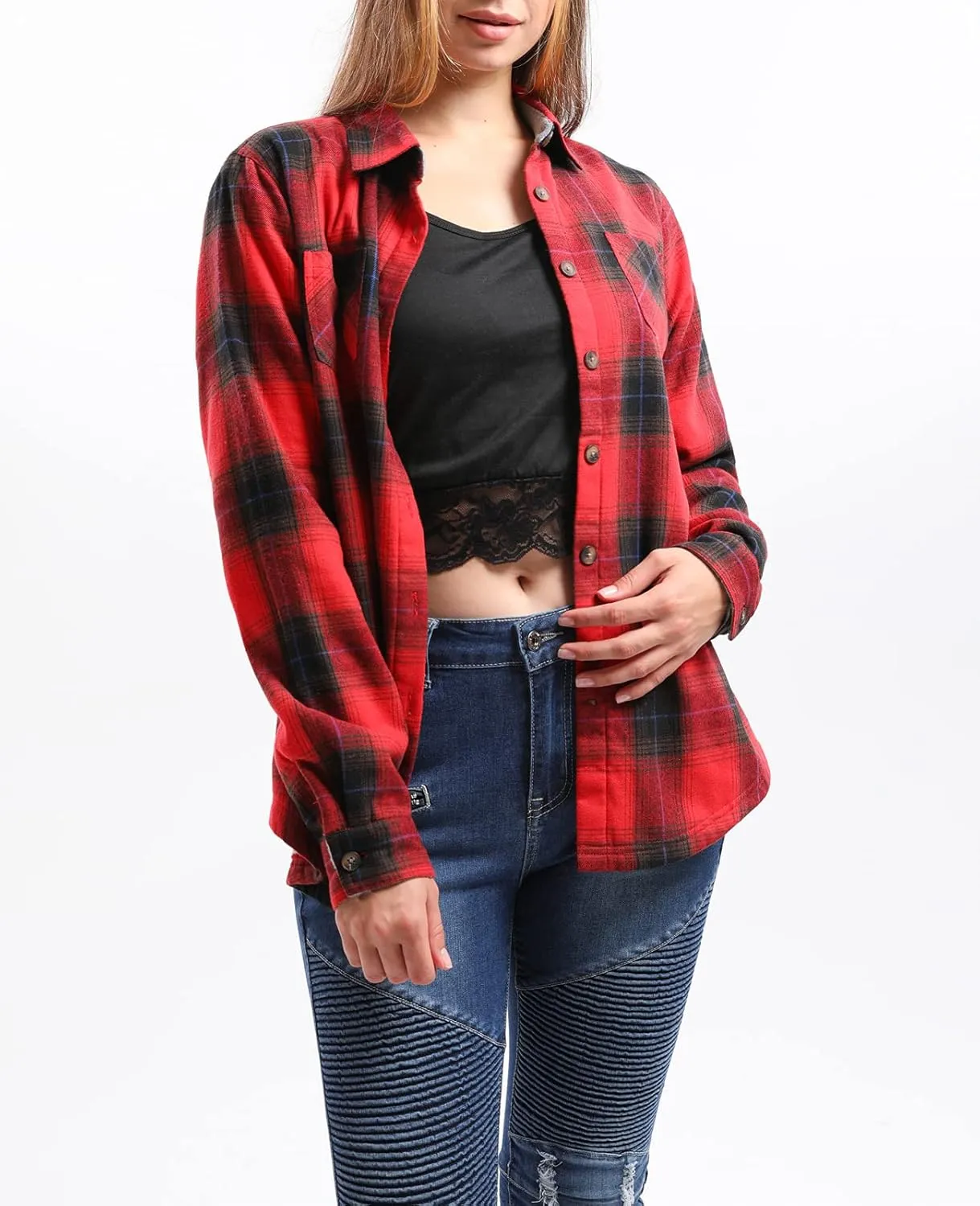 ZENTHACE Women's Thermal Fleece Lined Plaid Button Down Flannel Shirt Jacket