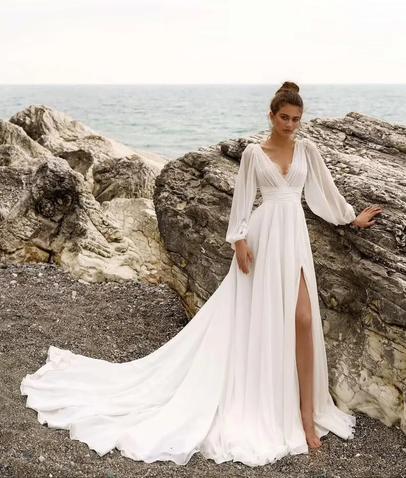 Zepumen Womens Chiffon Wedding Dresses for Bride 2025 Long Sleeves Boho Beach Formal Bridal Gowns V Neck Prom Dress