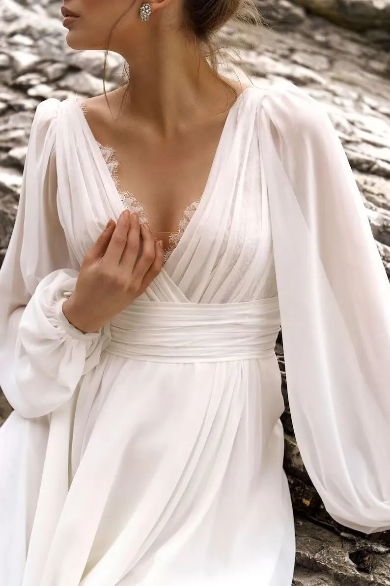 Zepumen Womens Chiffon Wedding Dresses for Bride 2025 Long Sleeves Boho Beach Formal Bridal Gowns V Neck Prom Dress