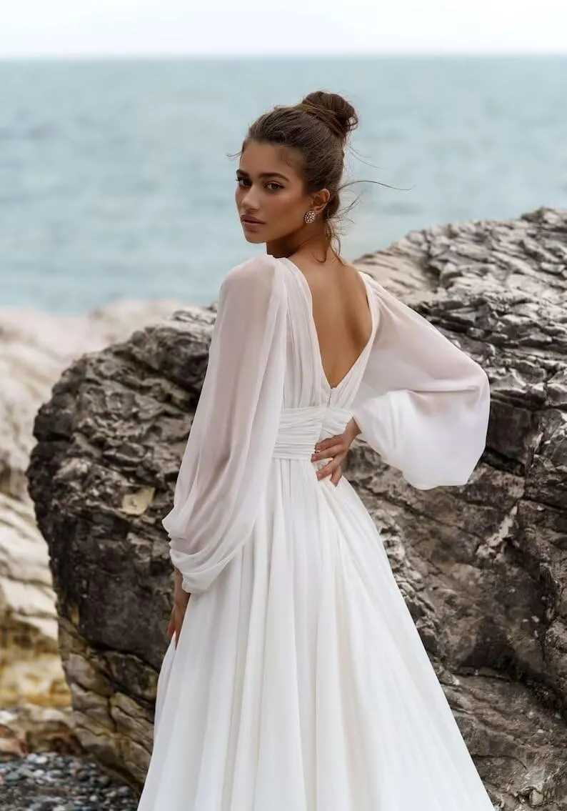 Zepumen Womens Chiffon Wedding Dresses for Bride 2025 Long Sleeves Boho Beach Formal Bridal Gowns V Neck Prom Dress