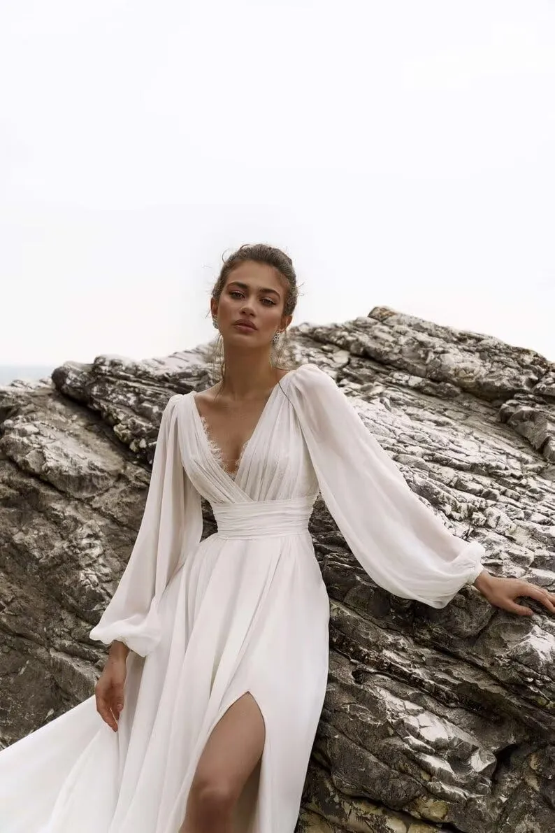 Zepumen Womens Chiffon Wedding Dresses for Bride 2025 Long Sleeves Boho Beach Formal Bridal Gowns V Neck Prom Dress
