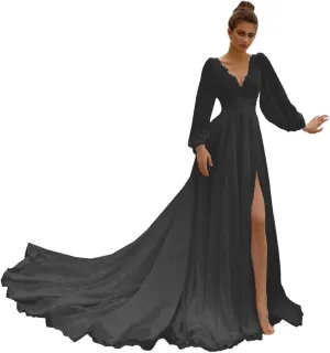 Zepumen Womens Chiffon Wedding Dresses for Bride 2025 Long Sleeves Boho Beach Formal Bridal Gowns V Neck Prom Dress