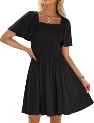 ZESICA Women's 2025 Summer Casual Mini Dress Flutter Short Sleeve Square Neck Smocked Tiered Ruffle Flowy Dresses