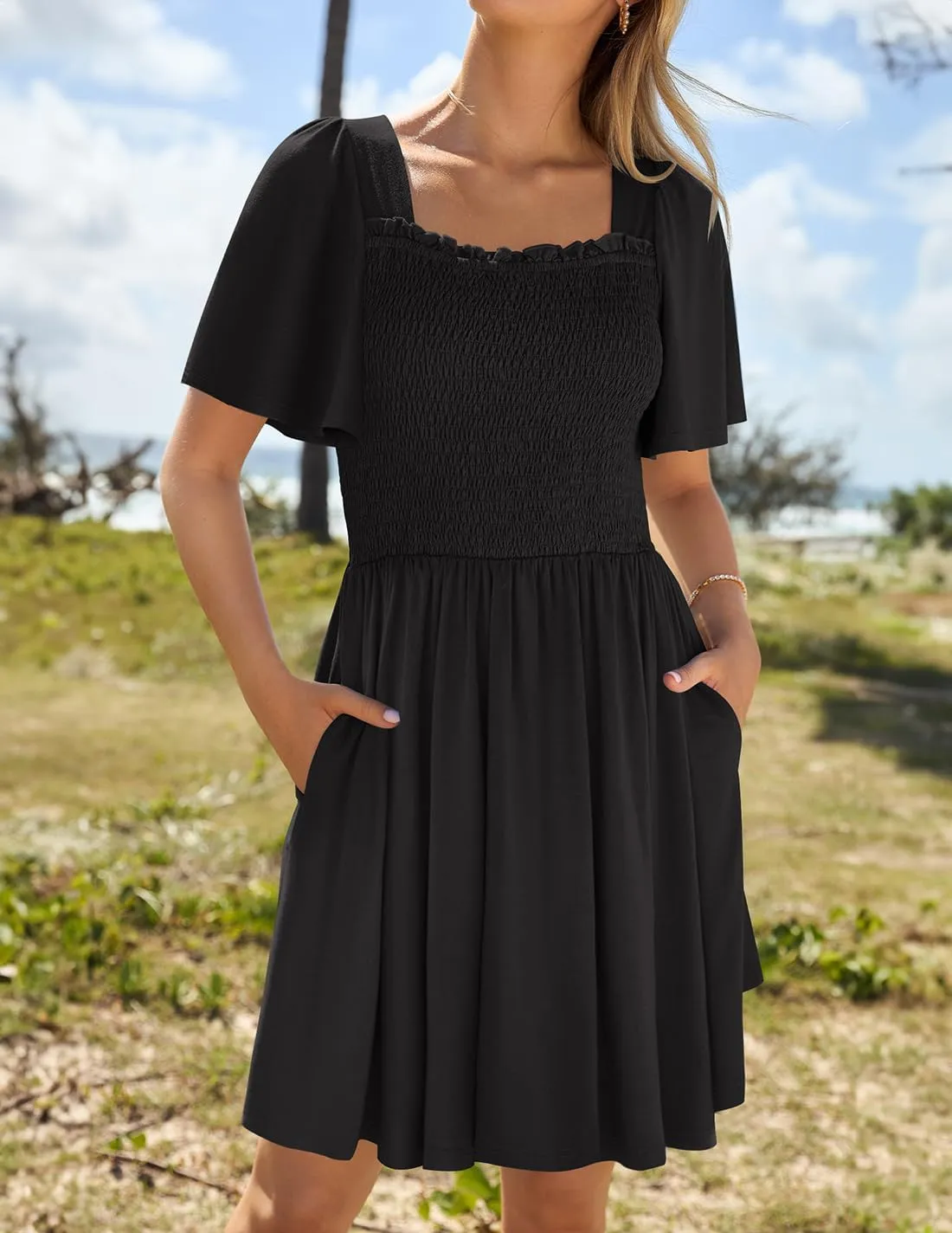 ZESICA Women's 2025 Summer Casual Mini Dress Flutter Short Sleeve Square Neck Smocked Tiered Ruffle Flowy Dresses