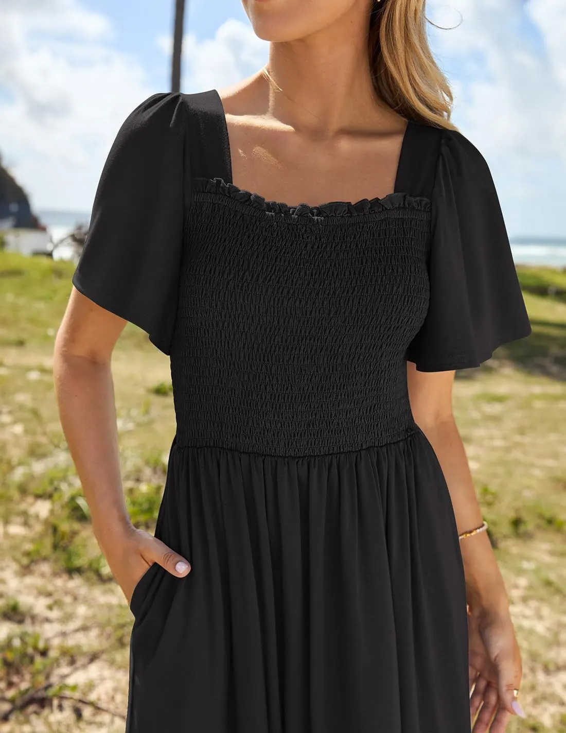 ZESICA Women's 2025 Summer Casual Mini Dress Flutter Short Sleeve Square Neck Smocked Tiered Ruffle Flowy Dresses