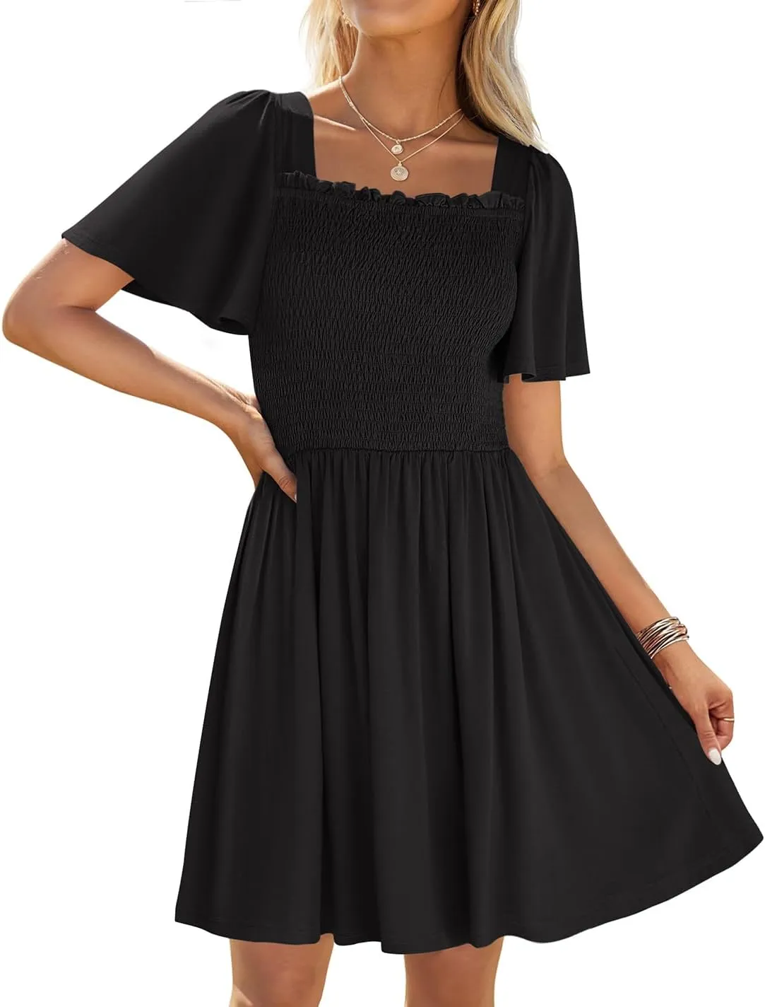ZESICA Women's 2025 Summer Casual Mini Dress Flutter Short Sleeve Square Neck Smocked Tiered Ruffle Flowy Dresses
