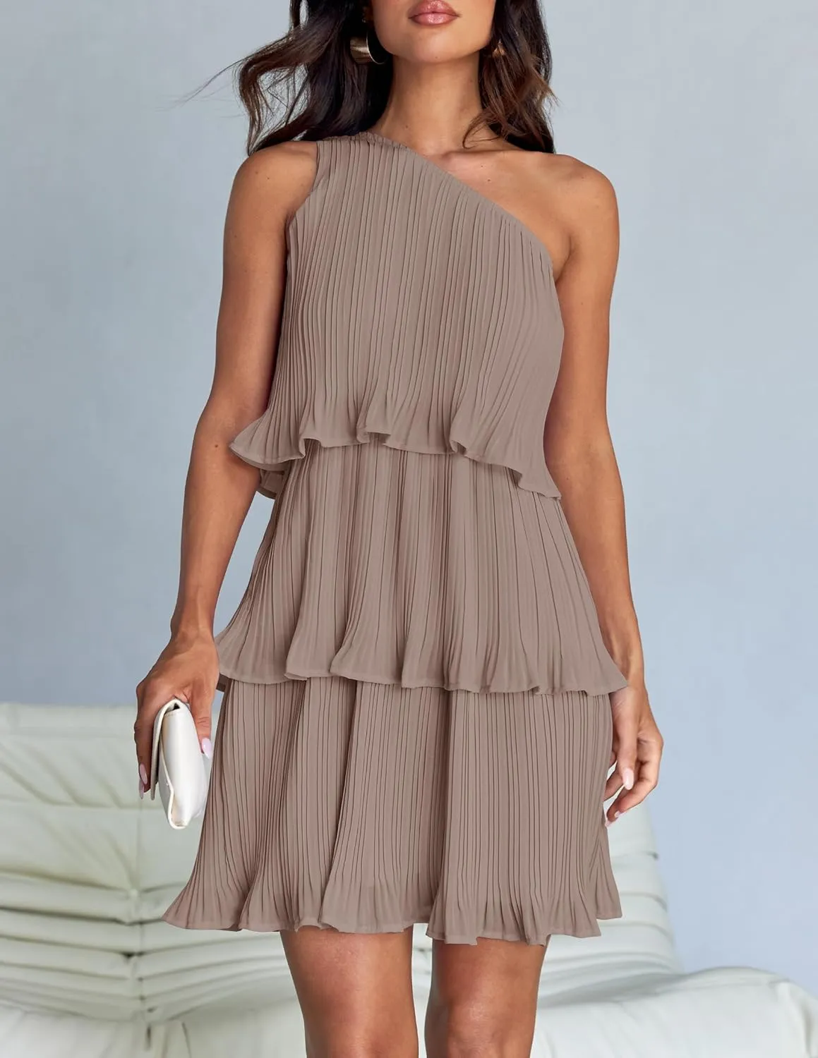 ZESICA Women's 2025 Summer Sleeveless Mini Dress Boho One Shoulder Ruffle Tiered Layered Chiffon Flowy A Line Dresses