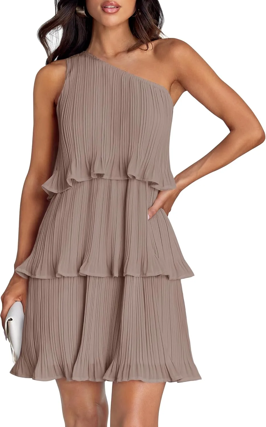 ZESICA Women's 2025 Summer Sleeveless Mini Dress Boho One Shoulder Ruffle Tiered Layered Chiffon Flowy A Line Dresses