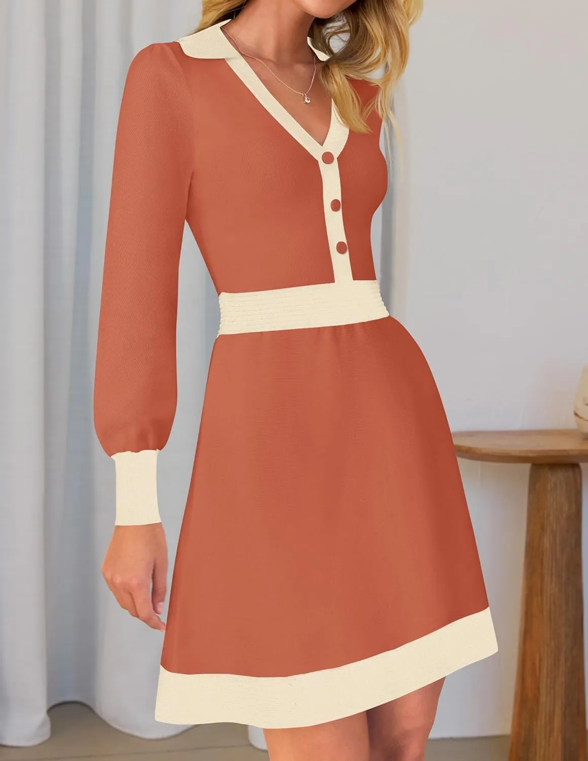 ZESICA Women's Spring Long Sleeve V Neck Sweater Dress Collar Ribbed Knit Mini Dresses