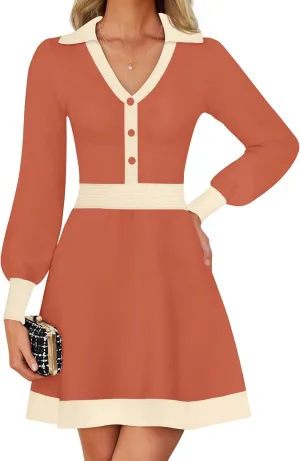 ZESICA Women's Spring Long Sleeve V Neck Sweater Dress Collar Ribbed Knit Mini Dresses