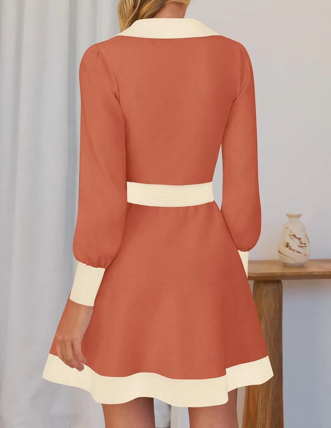 ZESICA Women's Spring Long Sleeve V Neck Sweater Dress Collar Ribbed Knit Mini Dresses